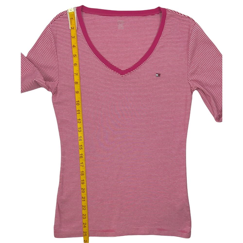 Tommy Hilfiger Top Womens Medium Pink White Striped Long Sleeve V-Neck Tee - Picture 6 of 6